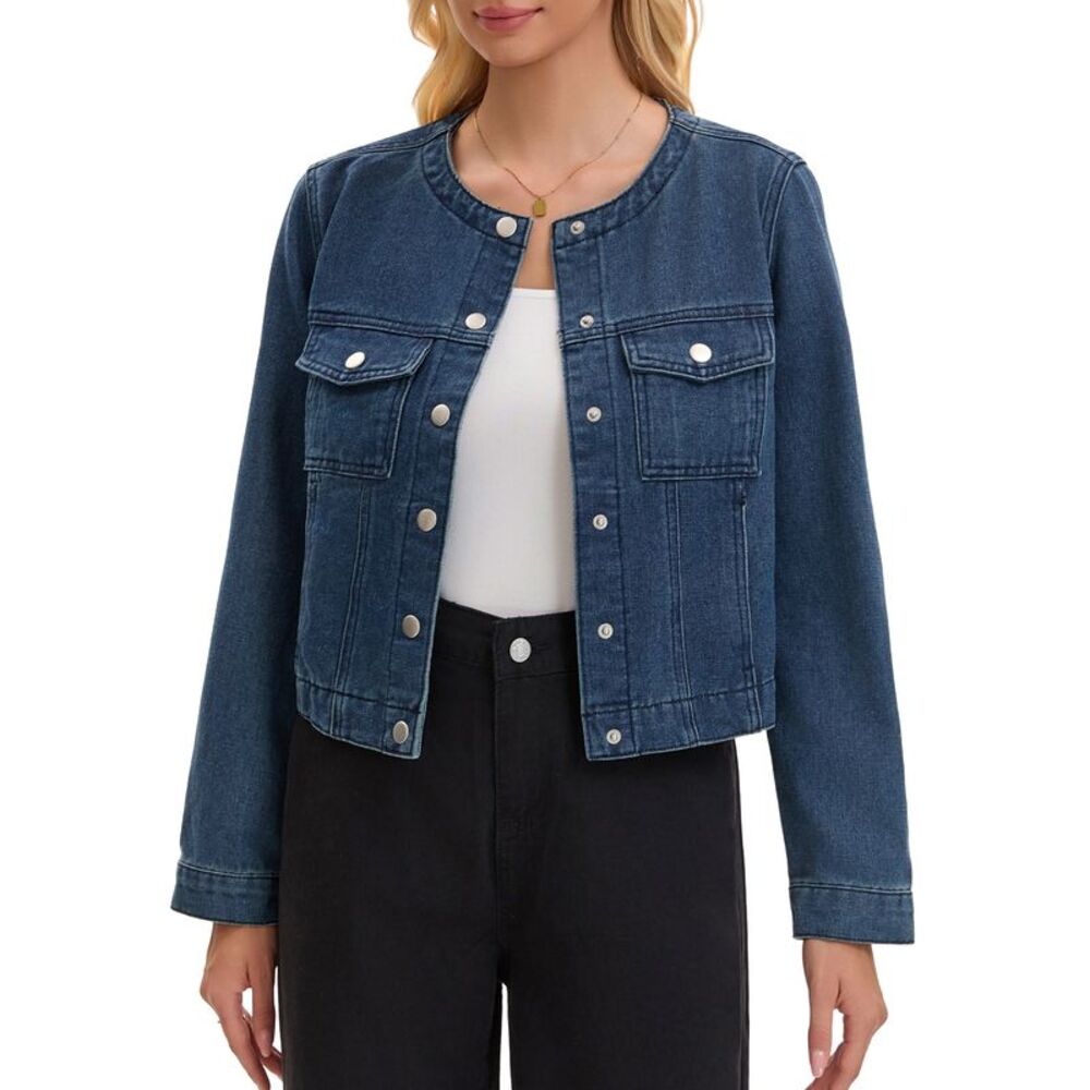 Womens Collarless Jean Jacket Long Sleeve Denim Jackets Vintage Blue